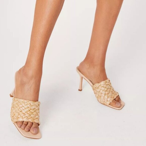 Nasty Gal Raffia Square Toe Heeled Mules Size 7 - Picture 1 of 6